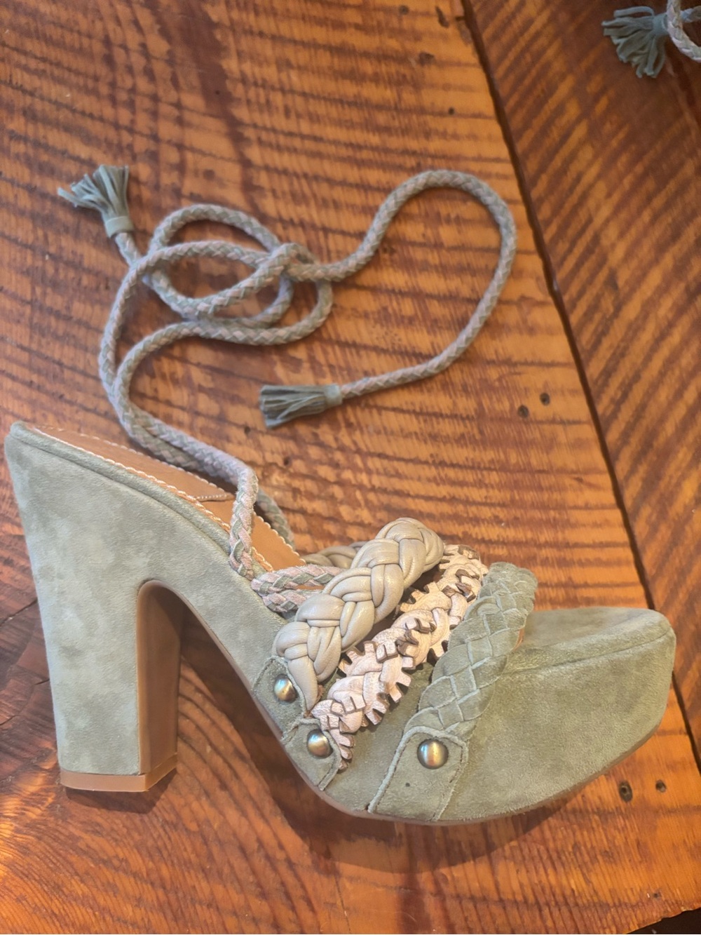 Anthropologie Bacío 61 Sage Green Suede Braided Platform Heel